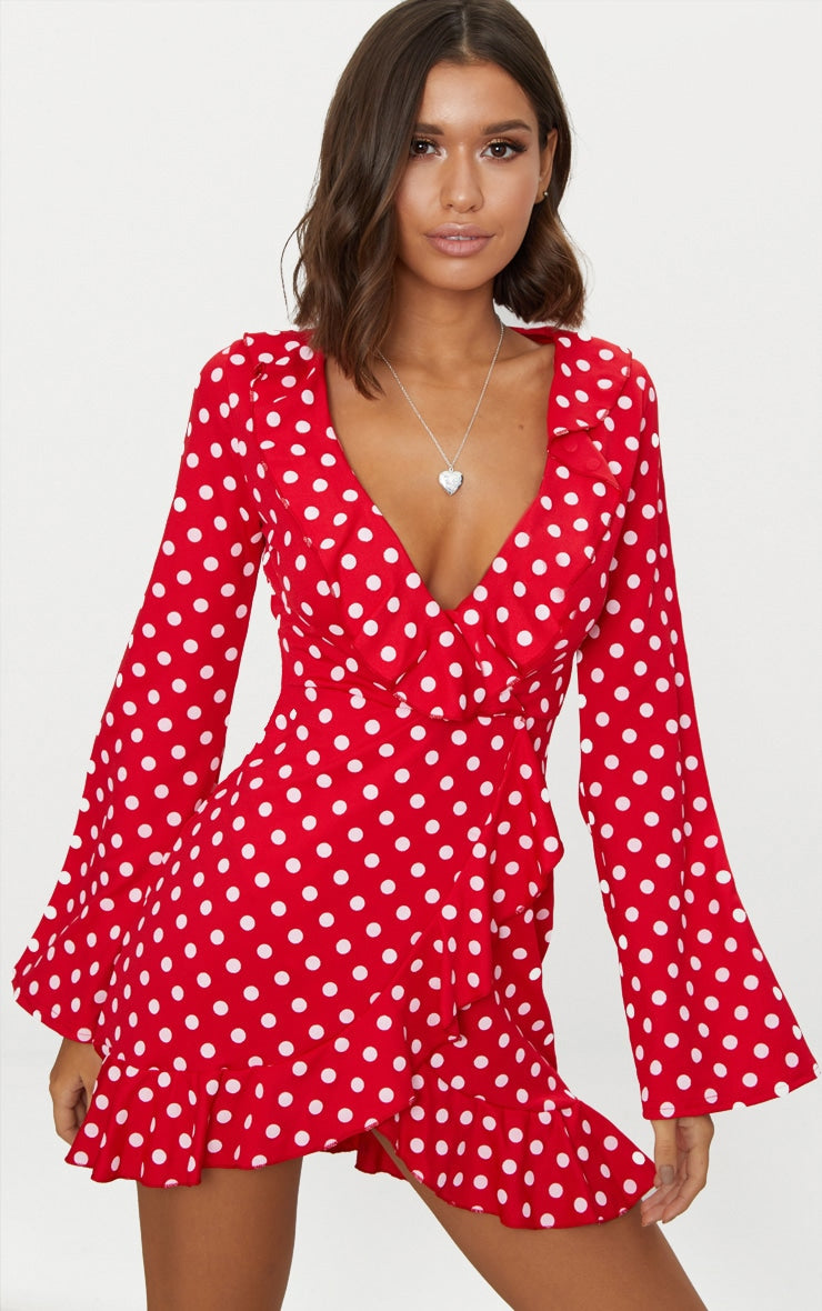 Red Polka Dot Wrap Dress - PrettyLittleThing